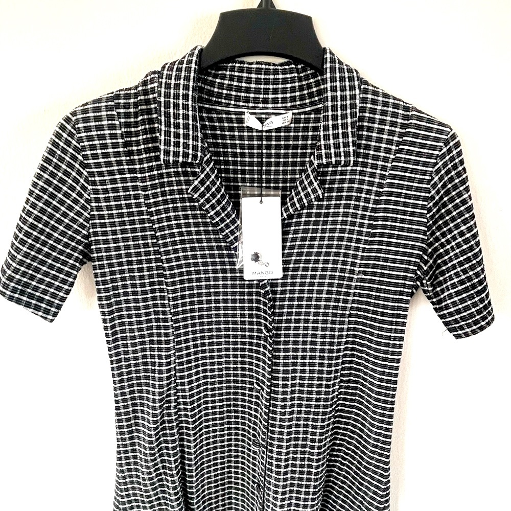 Mango Black and White Checked Short Sleeve Polo Dress
